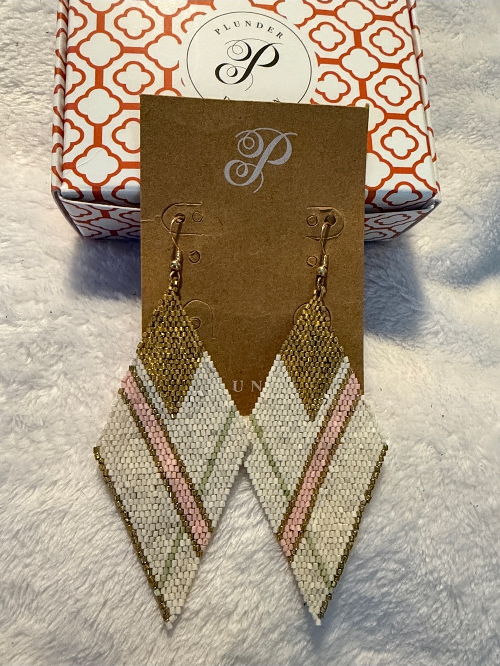 Plunder White, Pink & Gold Beaded Chevron Drop Earrings